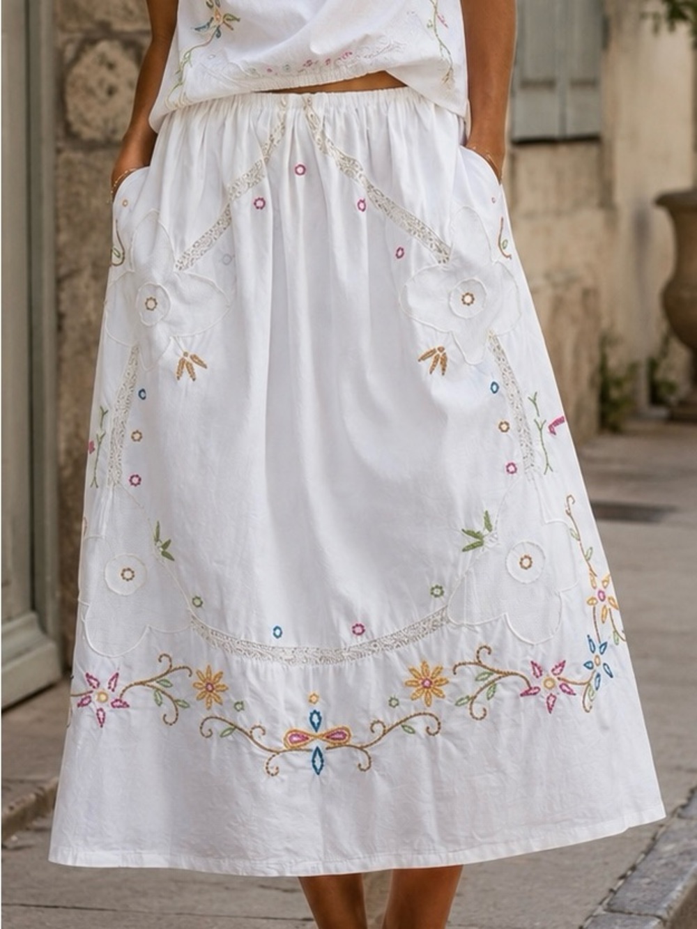 Embroidered Cotton Midi Skirt – Size Small – Floral Boho Cottagecore